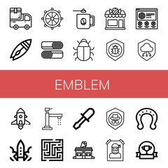 Set of emblem icons such as Van, Surfboard, Helm, Shawarma, Coffee mug, Antivirus, Candy shop, Pizza, Shield, Spaceship, Rocket, Faucet, Maze, Chisel, Ice cream shop , emblem