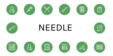 Set of needle icons such as Tailor, Syringe, Acupuncture, Thread, Vaccination, Turntable, Shoemaker, Handicrafts, Sewing, Sewing machine , needle