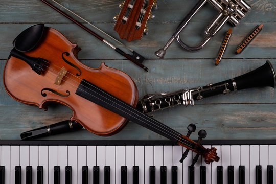musical instruments in wooden background
