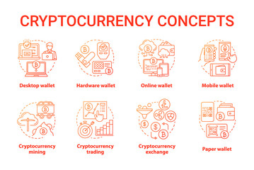 Cryptocurrency red concept icons set. Digital asset idea thin line illustrations. Desktop, hardware wallet. Financial transaction. Bitcoin exchange. Vector isolated outline drawings