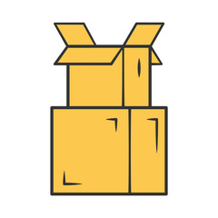 Cardboard boxes pile yellow color icon. Parcel packing. Empty open carton boxes for wrapping order. Warehouse supply. Goods storage crates stack. Isolated vector illustration