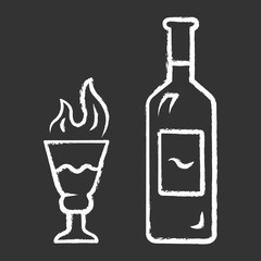 Absinthe chalk icon. Bottle and tall footed glass with flaming shot. Distilled highly alcoholic beverage. Herbal liquor. Alcohol bar drink, booze. Isolated vector chalkboard illustration