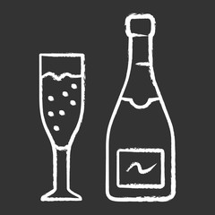 Champagne chalk icon. Uncorked bottle and flute glass of sparkling wine. Bubbly beverage for holiday celebrate. Champaign. Anniversary, birthday drink. Isolated vector chalkboard illustration