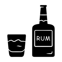 Rum glyph icon. Bottle and old-fashioned glass with alcoholic drink. Alcohol bar beverage consumed for cocktails. Silhouette symbol. Negative space. Vector isolated illustration