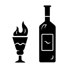 Absinthe glyph icon. Bottle and tall footed glass with flaming shot. Distilled beverage. Herbal liquor. Alcohol bar drink, booze. Silhouette symbol. Negative space. Vector isolated illustration