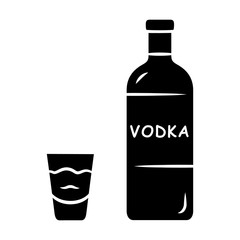 Vodka glyph icon. Bottle and shot glass with drink. Clear distilled alcoholic beverage consumed for drink and in cocktails. Silhouette symbol. Negative space. Vector isolated illustration