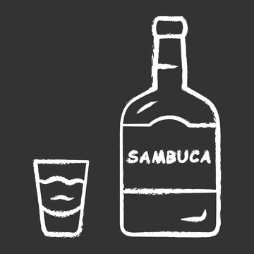 Sambuca chalk icon. Bottle and shot glass with drink. Italian anise-flavoured liqueur. Alcoholic beverage consumed for cocktails, straight. Isolated vector chalkboard illustration