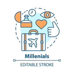 Millennials concept icon. Age group idea thin line illustration. Digital technology involvement. Life goals and purposes. Travelling. Echo boomers. Vector isolated outline drawing. Editable stroke