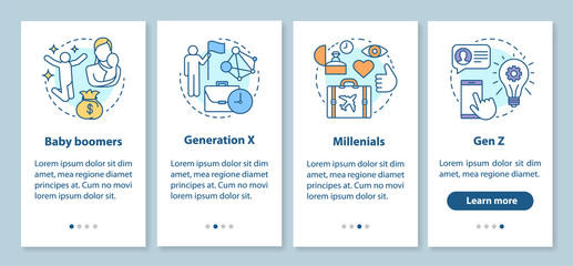 Generation onboarding mobile app page screen with linear concepts. Baby boomers walkthrough steps graphic instructions. Generation X and millennials. UX, UI, GUI vector template with illustrations