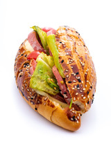 salami sandwich with vegetables on white background