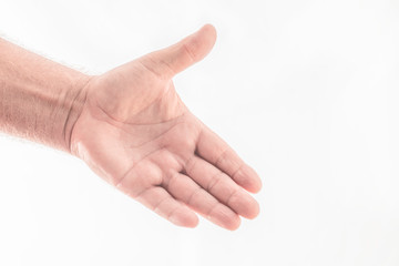Man's hand narrowing in the form of a greeting on a white background. Space to write.