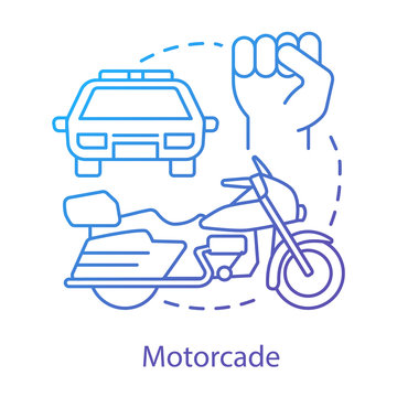 Motorcade concept icon. Vehicles procession idea thin line illustration. Police car, motorcycle and fist vector isolated outline drawing. Political transport, security cortege. Presidential escort