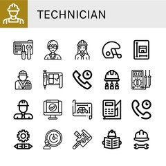 Fototapeta premium Set of technician icons such as Engineer, Tech support, Technician, Helmet, Blueprint, Technical Support, Multimeter, Service, Engineering, Support services, Draft , technician