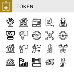 Set of token icons such as Report, Webcam, Coin, Register, Reporter, Hair dryer, Turn, Pound, Download file, Token, Coins, Hydrotherapy, Tokens , token