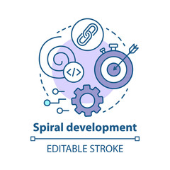 Spiral development concept icon. Strategy management. Planning and achieving goal. Software system engineering idea thin line illustration. Vector isolated outline drawing. Editable stroke