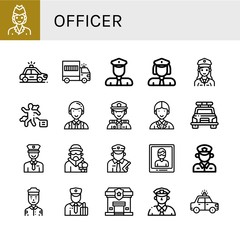 Set of officer icons such as Air hostess, Police car, Prisoner transport vehicle, Policeman, Policewoman, Police officer, Crime scene, Officer, Police, Criminal, Arrest ,