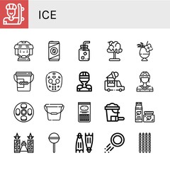 Set of ice icons such as Skater, Hockey player, Cold coffee, Cold water, Melt, Cocktail, Bucket, Hockey mask, Ice cream truck, Cheesecake, Sticks, Sand bucket, Cream, Ice of siam ,