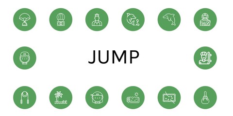 Set of jump icons such as Parachute, Dancer, Dolphin, American football player, Skipping rope, Pool, Skater, Swimming pool, Compress , jump