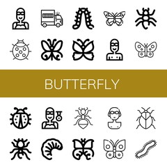 Set of butterfly icons such as Swimmer, Ladybug, Prisoner transport vehicle, Butterfly, Caterpillar, Ant, Pheidole, Larva, Stink bug, Centipede , butterfly