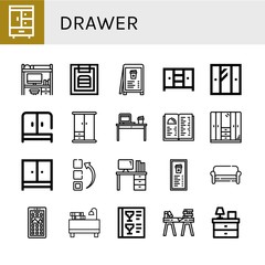 Set of drawer icons such as Closet, Desk, Menu, Wardrobe, Sofa, App drawer, Bedside table , drawer