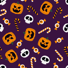 Vector Halloween seamless pattern pumpkin, skull, candies.