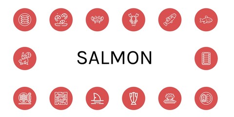 Set of salmon icons such as Ribs, Shrimp, Crab, Lobster, Trout, Shark, Sushi roll, Mackerel, Cod, Shellfish, Fish , salmon