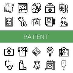 Set of patient icons such as Sonography, Diagnosis, Electrocardiogram, Stethoscope, First aid kit, Dental insurance, Blood bag, Pharmacist, Doctor, Inhaler, X ray, Sick , patient