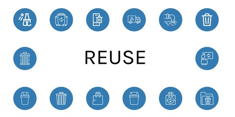 Set of reuse icons such as Bottle throw, Waste, Bin, Garbage, Trash, Plastic bag, Reuse, Recycle bin , reuse