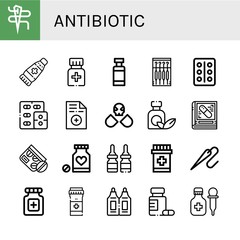Set of antibiotic icons such as Needle, Ointment, Medicine, Drug container, Blister pack, Prescription, Drugs, Pharmacy, Pills, Suppositories , antibiotic
