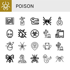 Set of poison icons such as Spider, Snake, Poison, Skull, Black widow, No insects, Biohazard, Widow, Pesticide, Mosquito, Frog, Widower , poison