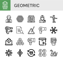 Set of geometric icons such as Crystal, Reporter, Snowflake, Report, Miner, Shuffle, Hair dryer, Triangle, Cube, Cubes, Return, Abstract, Pound, Origami , geometric