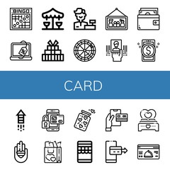 Set of card icons such as Bingo, Discount, Merry go round, Gift, Cashier, Roulette, Picture, Business card, Wallet, Online banking, Fireworks, Love, Secure payment, Jar , card