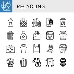 Set of recycling icons such as Bio, Rubbish, Reuse, Solar cell, Bin, Recycled bag, Delete, Garbage, Plastic bag, Canned food, Recycle bin, Ecosystem, Green energy , recycling