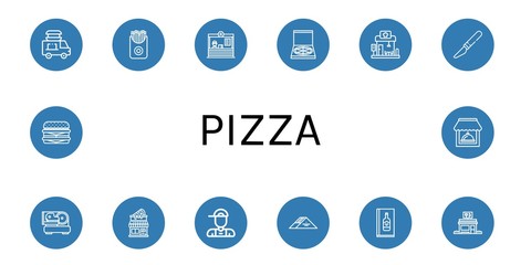 Set of pizza icons such as Food delivery, French fries, Restaurant, Pizza box, Slice, Slicer, Pizza shop, Delivery boy, Sandwich, Wine menu, Cheeseburger ,