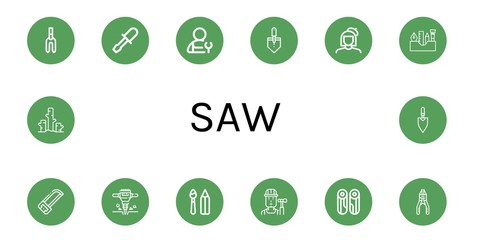Set of saw icons such as Weeder, Chisel, Plumber, Trowel, Painter, Painting tools, Saw, Jackhammer, Paint tools, Builder, Wood, Plier, Deforestation , saw