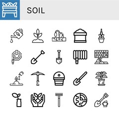 Set of soil icons such as Plant, Watering can, Sprout, Drought, Potting soil, Water hose, Shovel, Pickaxe, Fertilizer, Rake, Geology , soil