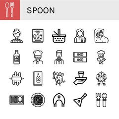 Set of spoon icons such as Cutlery, Catering, Mix, Picnic basket, Lunchroom, Valenki, Yogurt, Cook, Waiter, Instant coffee, Dough, Wine menu, Eating, Serve, Kokoshnik , spoon