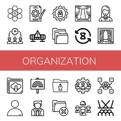 Set of organization icons such as Atom, Time management, Job, Works, User, Folders, Stage, Processing time, Employee, Folder, People, Pride, Businessman, Team, Skill , organization