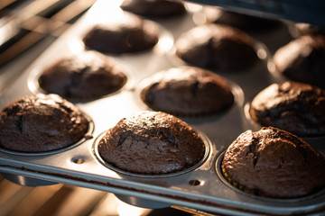 chocolate cupcake on iron pan