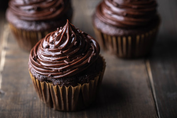 chocolate cupcake on dark wooden background