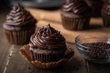 chocolate cupcake on dark wooden background