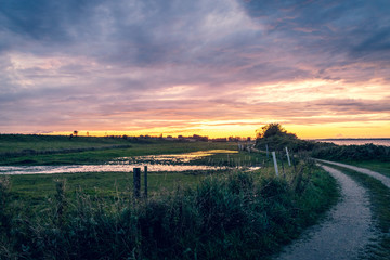 Beautiful sunset over a wet meadow