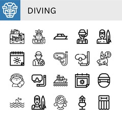 Set of diving icons such as Hockey helmet, Floating market, Surfing, Yacht, Dive, Surfer, Summer, Lifeguard, Snorkel, Shark, Diving mask, Beach, Mai thai, Airbed , diving