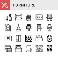 Set of furniture icons such as Stool, Desk, Bed, Nightstand, Locker, Drawing table, Full length mirror, Ceiling lamp, Director chair, Chair, Closet, Wardrobe, Bar stool , furniture