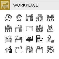 Set of workplace icons such as Desk, Desk lamp, Meeting, Office worker, Engeneering, Reception , workplace