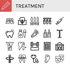 Naklejka premium Zestaw ikon leczenia, takich jak pasta do zębów, szelki, implant dentystyczny, strzykawka, filtr do wody, ząb, medycyna, refleksologia, biegun IV, terapia pijawkami, zdrowy ząb, hydroterapia, leczenie