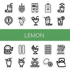 Set of lemon icons such as Cocktail, Raspberries, Juice, Fruit, Cuba libre, Slot machine, Cucumber, Herbal tea, Lemon, Teapot , lemon