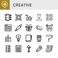 Set of creative icons such as Fire location, Air quality, Development, Origami, Cobra, Pound, Portfolio, Rolling pin, Butterfly, Chameleon, Brain, Download, Light bulb , creative
