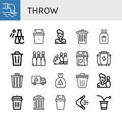 Set of throw icons such as Waste, Bottle throw, Bin, Judo, Trash, Rubbish, Bowling, Bowling pins, Garbage, Trash bin, Garbage bin, Boomerang, Beer pong , throw
