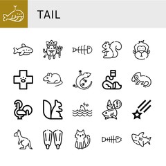 Set of tail icons such as Whale, Shark, Devil, Fishbone, Squirrel, Monkey, Veterinary, Rat, Lizard, Chameleon, Rooster, Shooting star, Kangaroo, Fins, Cat , tail